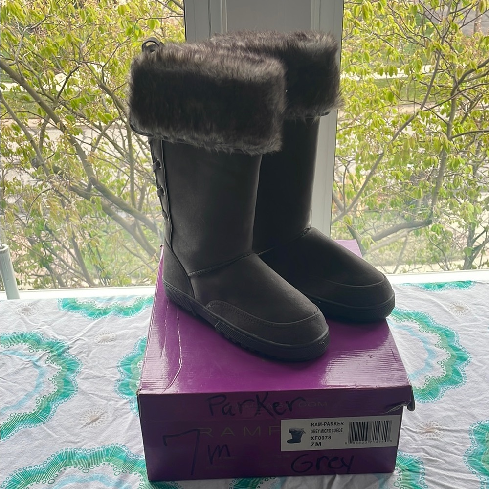 Rampage Gray Ankle Boots with Faux Fur Trim